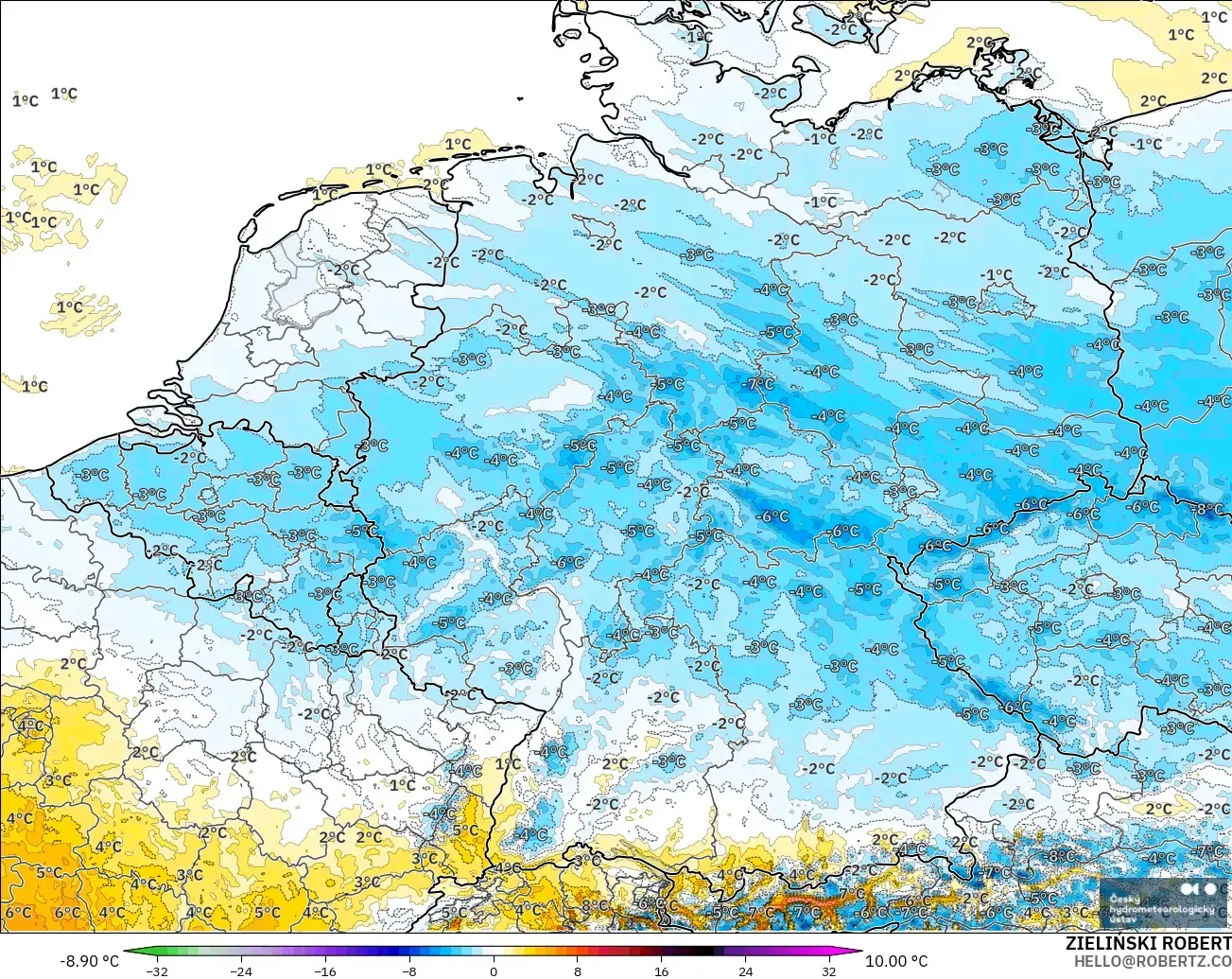 ALADIN CZ 2.3 km model - Germany, Temperature at 2m Anomaly