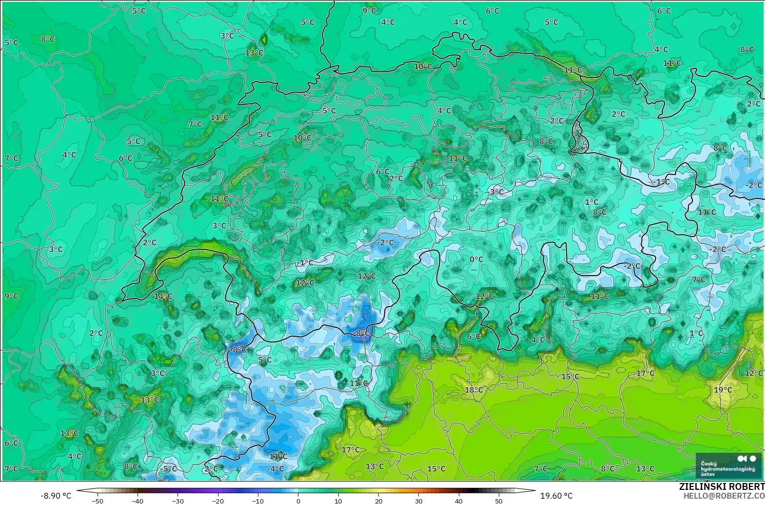 ALADIN CZ 2.3 km model - Switzerland, Dewpoint at 2m