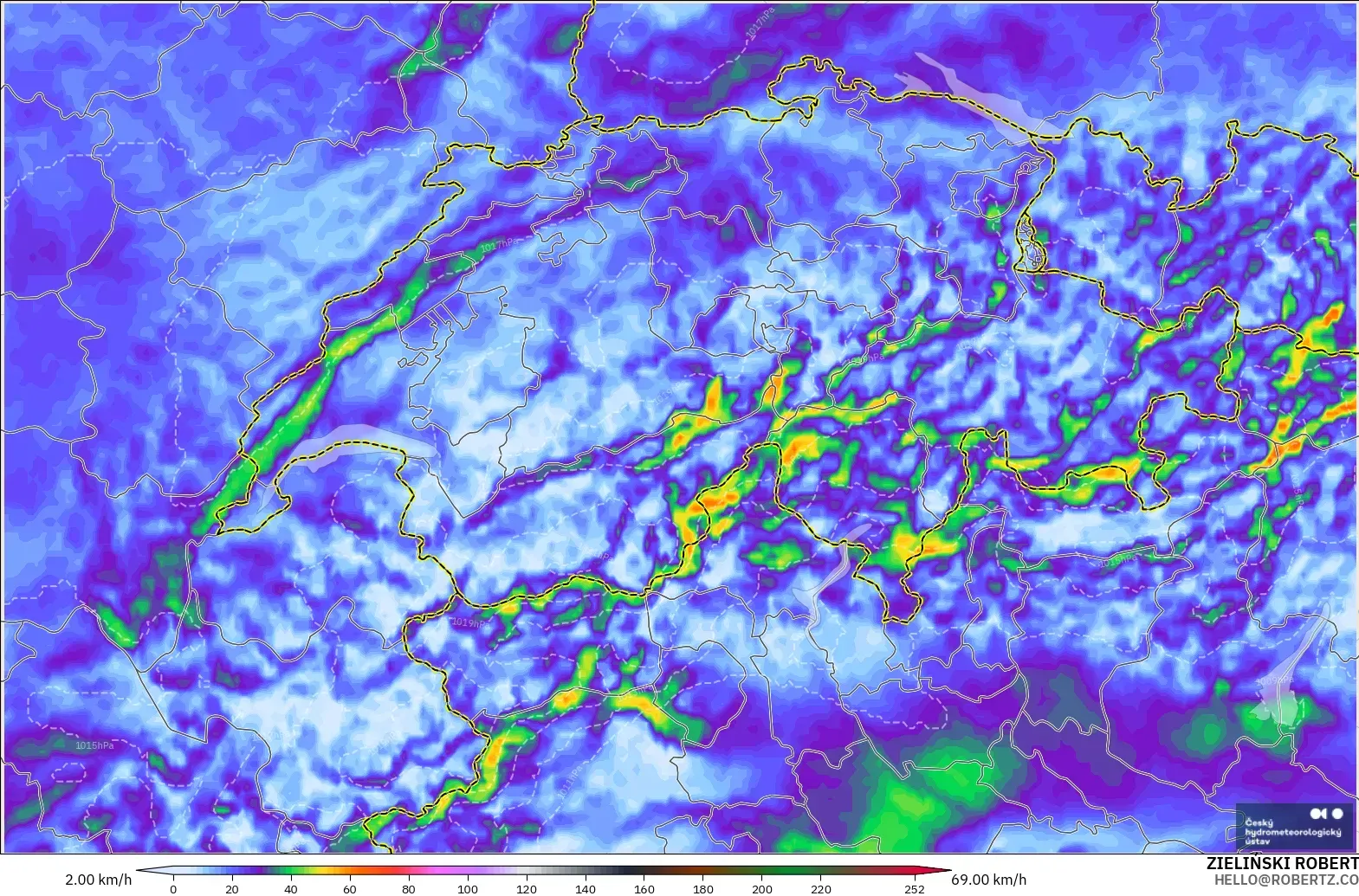 ALADIN CZ 2.3 km model - Switzerland, Wind Gusts Peak