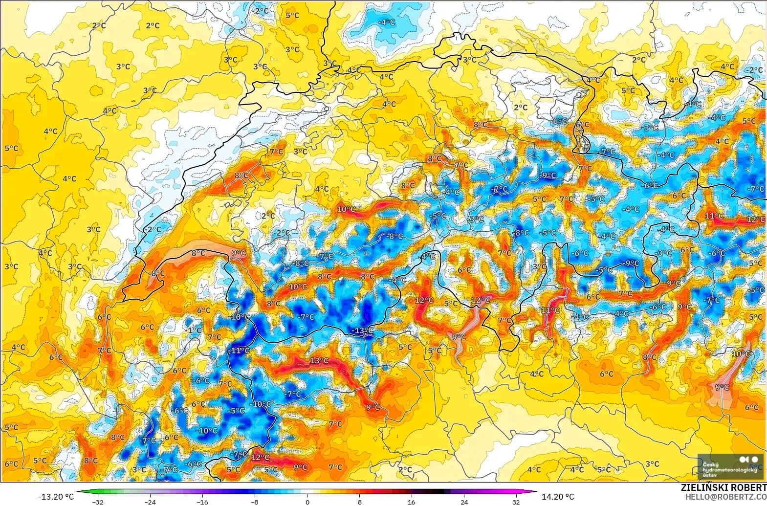 ALADIN CZ 2.3 km model - Switzerland, Temperature at 2m Anomaly