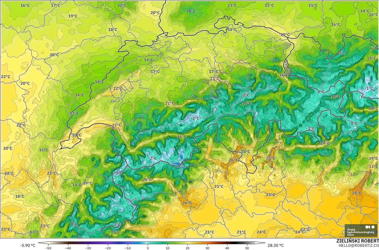 ALADIN CZ 2.3 km model - Switzerland, Temperature at 2m