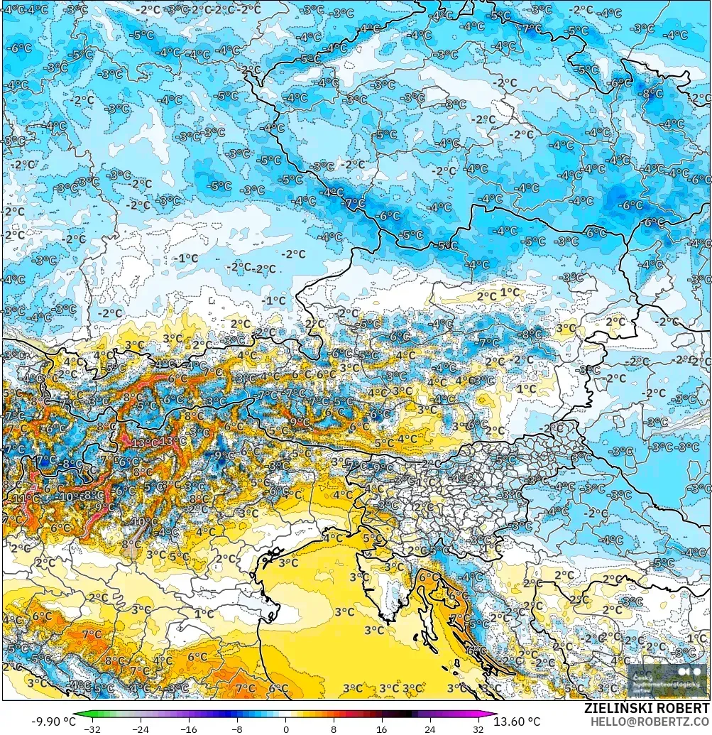 ALADIN CZ 2.3 km model - Austria, Temperature at 2m Anomaly