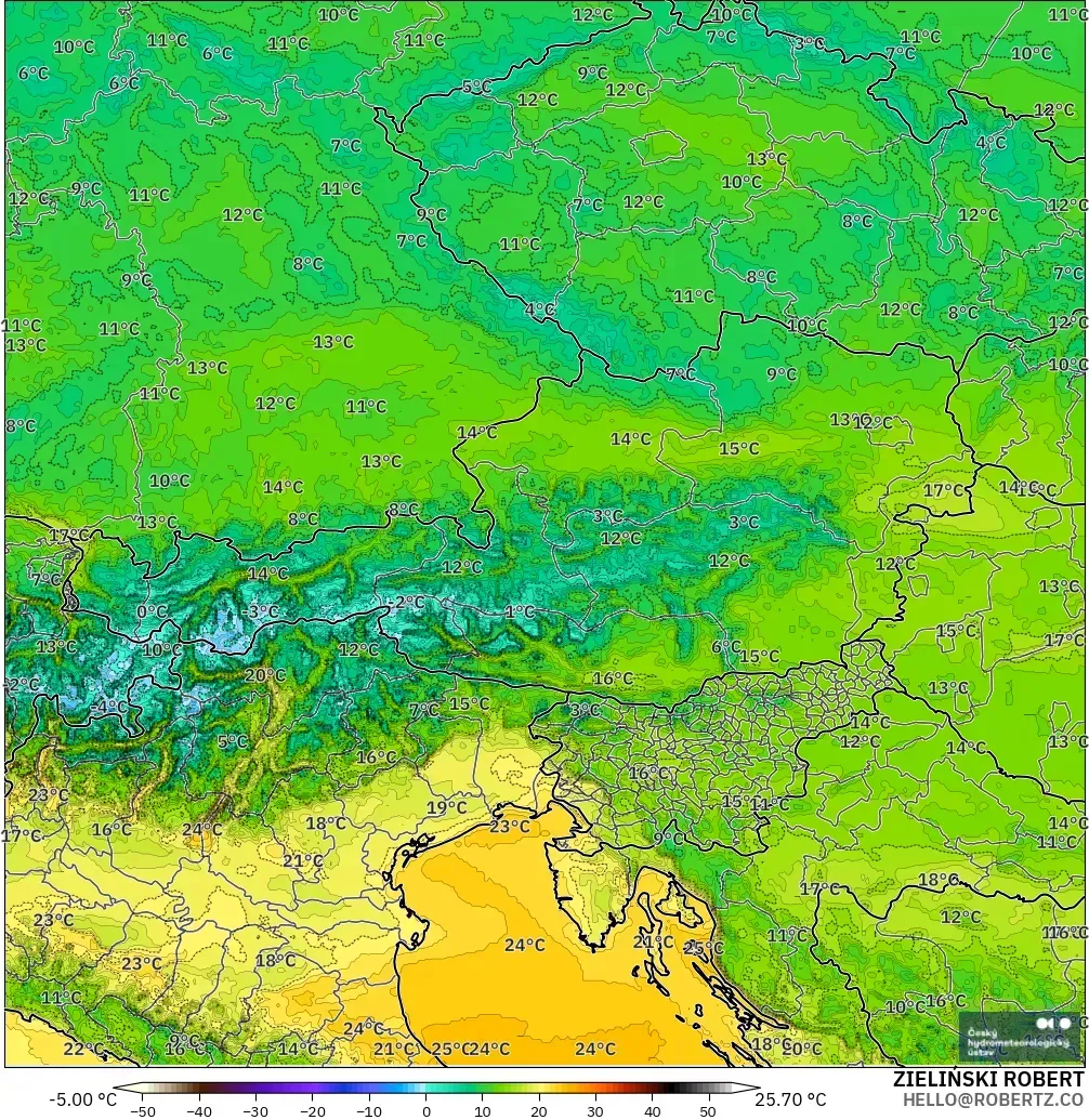 ALADIN CZ 2.3 km model - Austria, Temperature at 2m