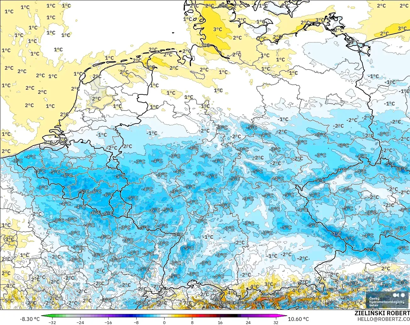 ALADIN CZ 2.3 km model - Germany, Temperature at 2m Anomaly