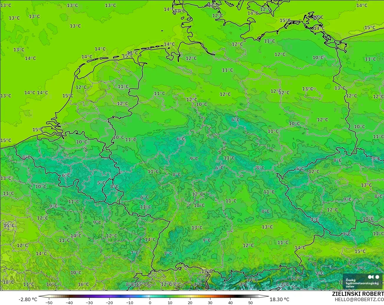 ALADIN CZ 2.3 km model - Germany, Temperature at 2m