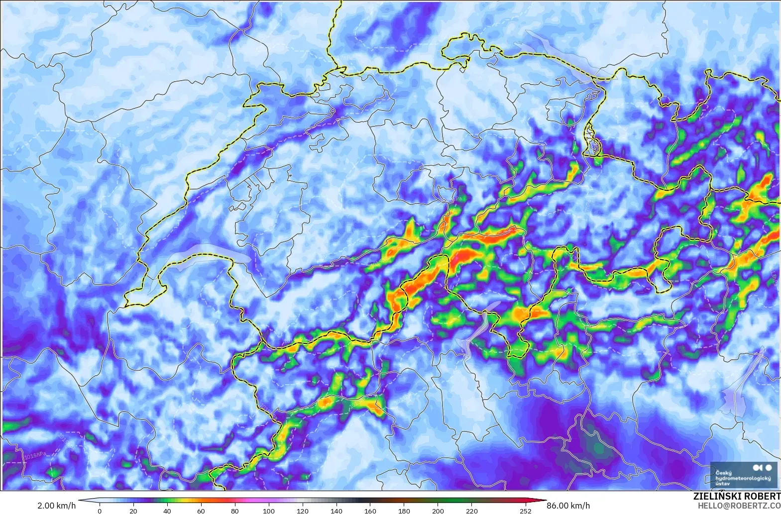 ALADIN CZ 2.3 km model - Switzerland, Wind Gusts Peak