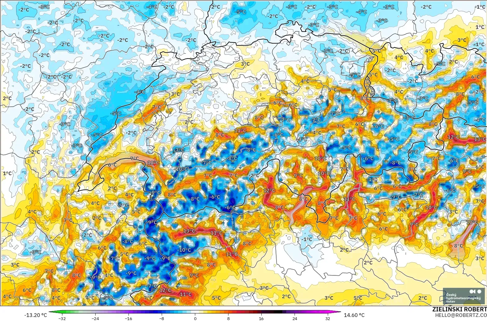 ALADIN CZ 2.3 km model - Switzerland, Temperature at 2m Anomaly