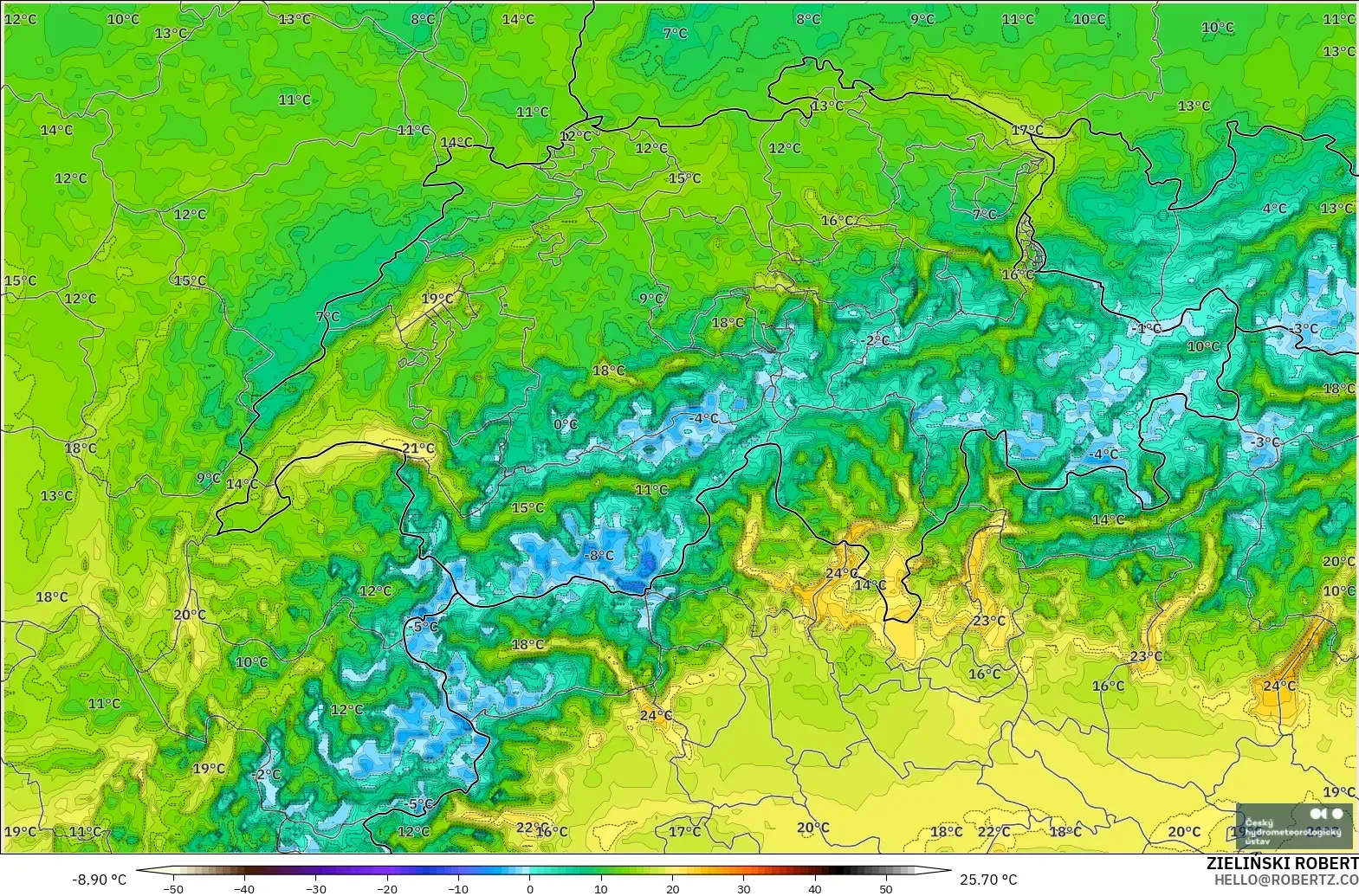 ALADIN CZ 2.3 km model - Switzerland, Temperature at 2m