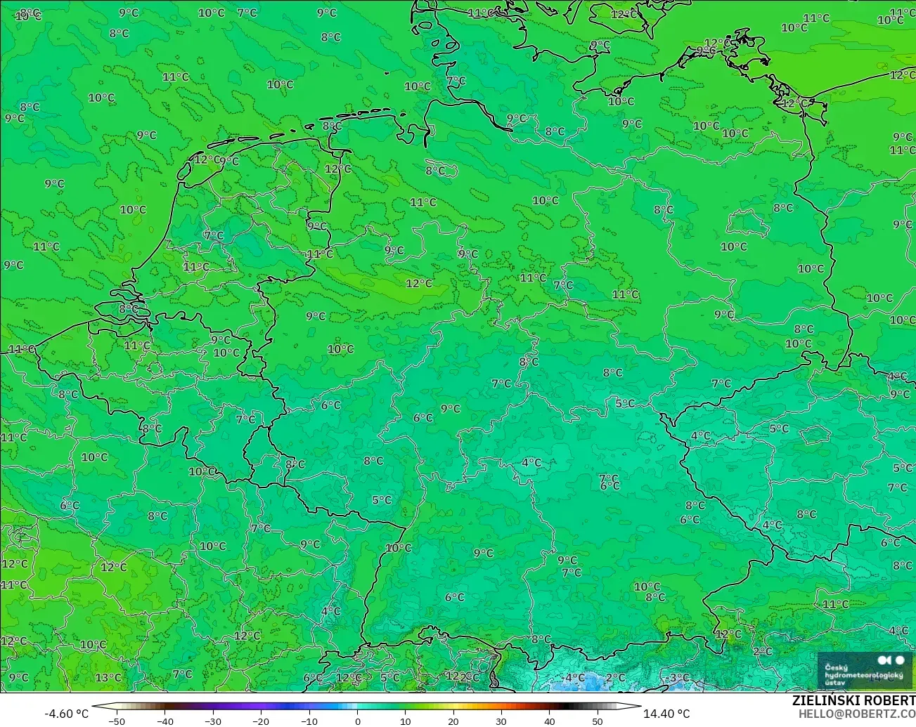 ALADIN CZ 2.3 km model - Germany, Dewpoint at 2m