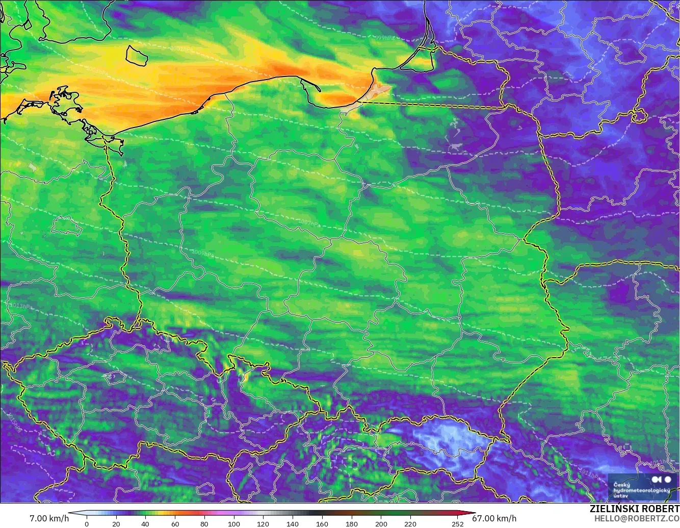 ALADIN CZ 2.3 km model - Poland, Wind Gusts Peak