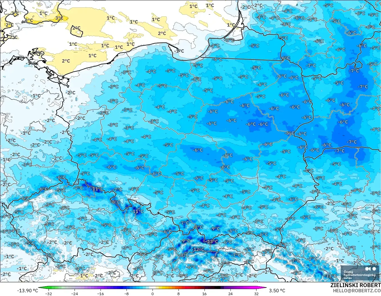 ALADIN CZ 2.3 km model - Poland, Temperature at 2m Anomaly