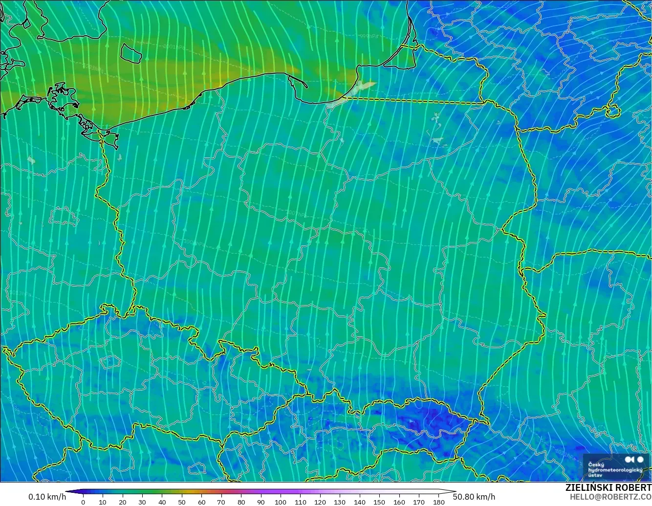 ALADIN CZ 2.3 km model - Poland, Wind at 10m
