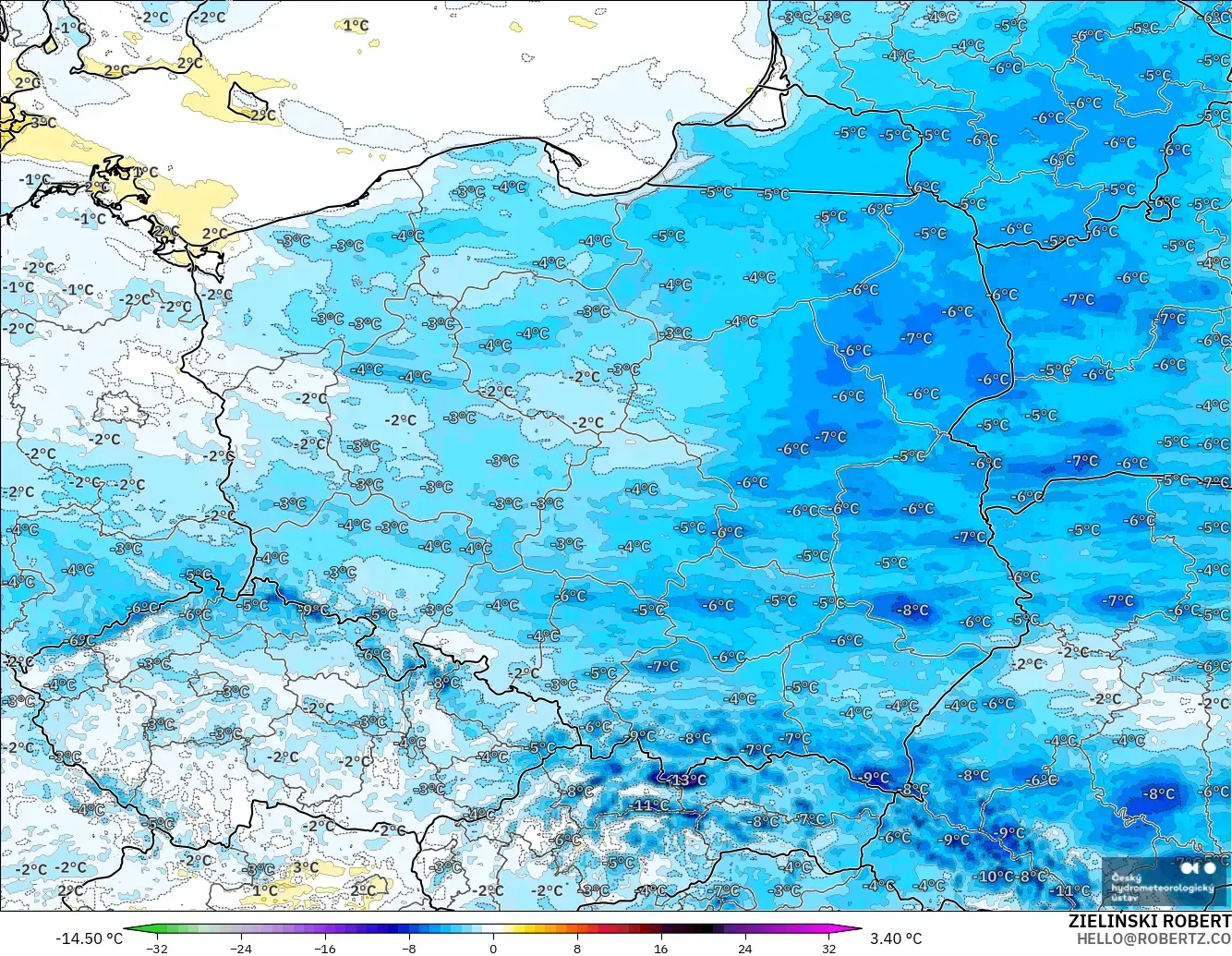 ALADIN CZ 2.3 km model - Poland, Temperature at 2m Anomaly
