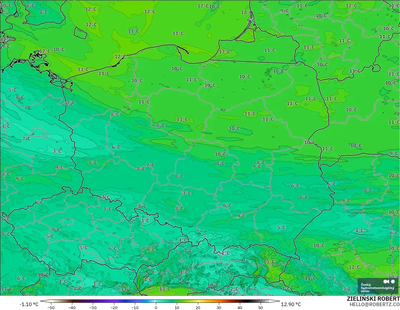 ALADIN CZ 2.3 km model - Poland, Dewpoint at 2m