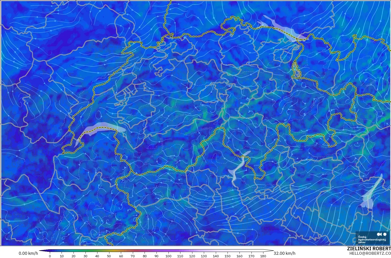 ALADIN CZ 2.3 km model - Switzerland, Wind at 10m