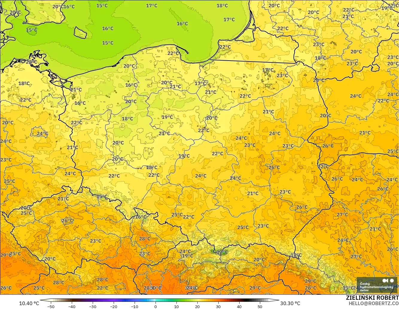 ALADIN CZ 2.3 km model - Poland, Temperature at 2m