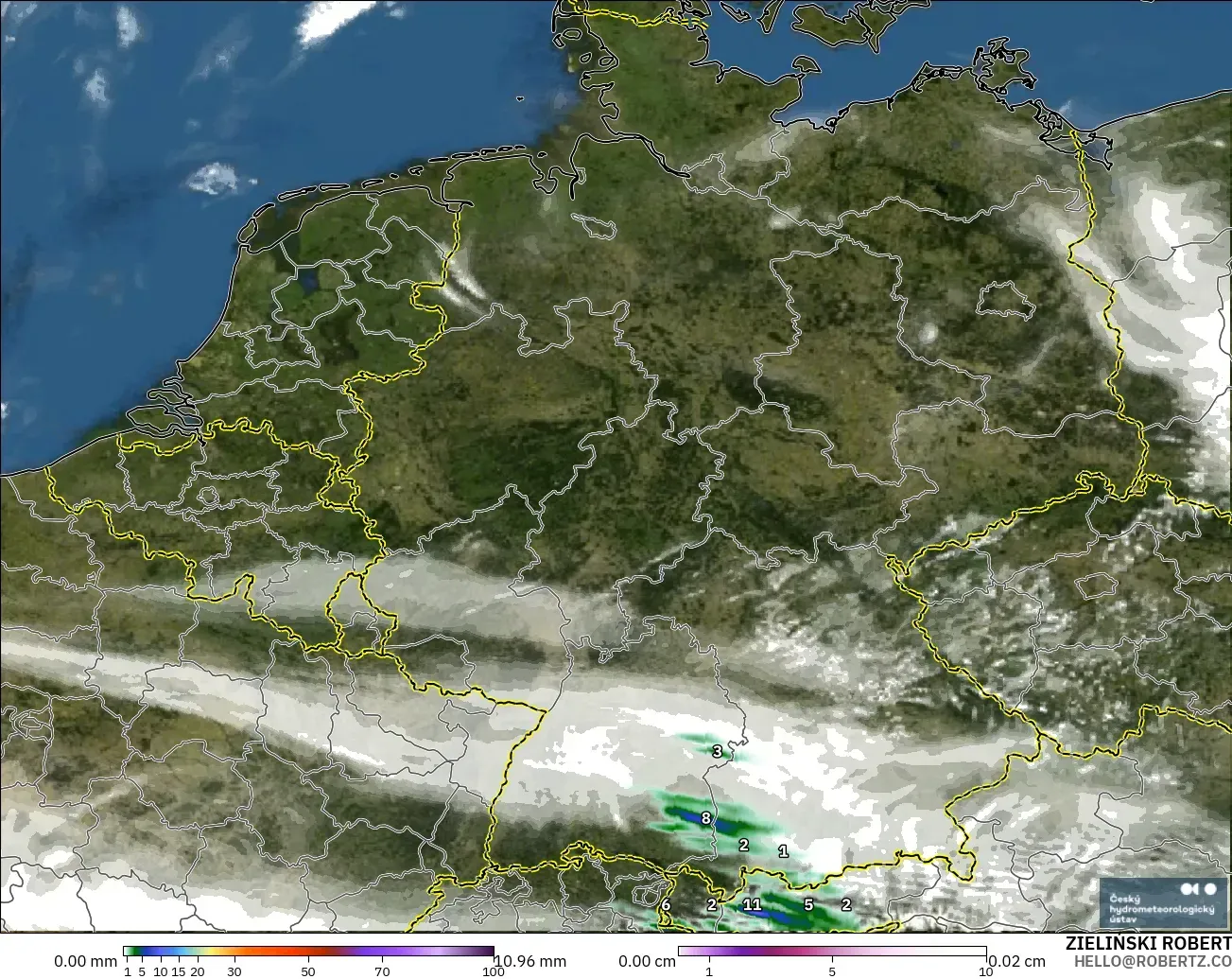 ALADIN CZ 2.3 km model - Germany, Precipitation, Clouds, and Pressure