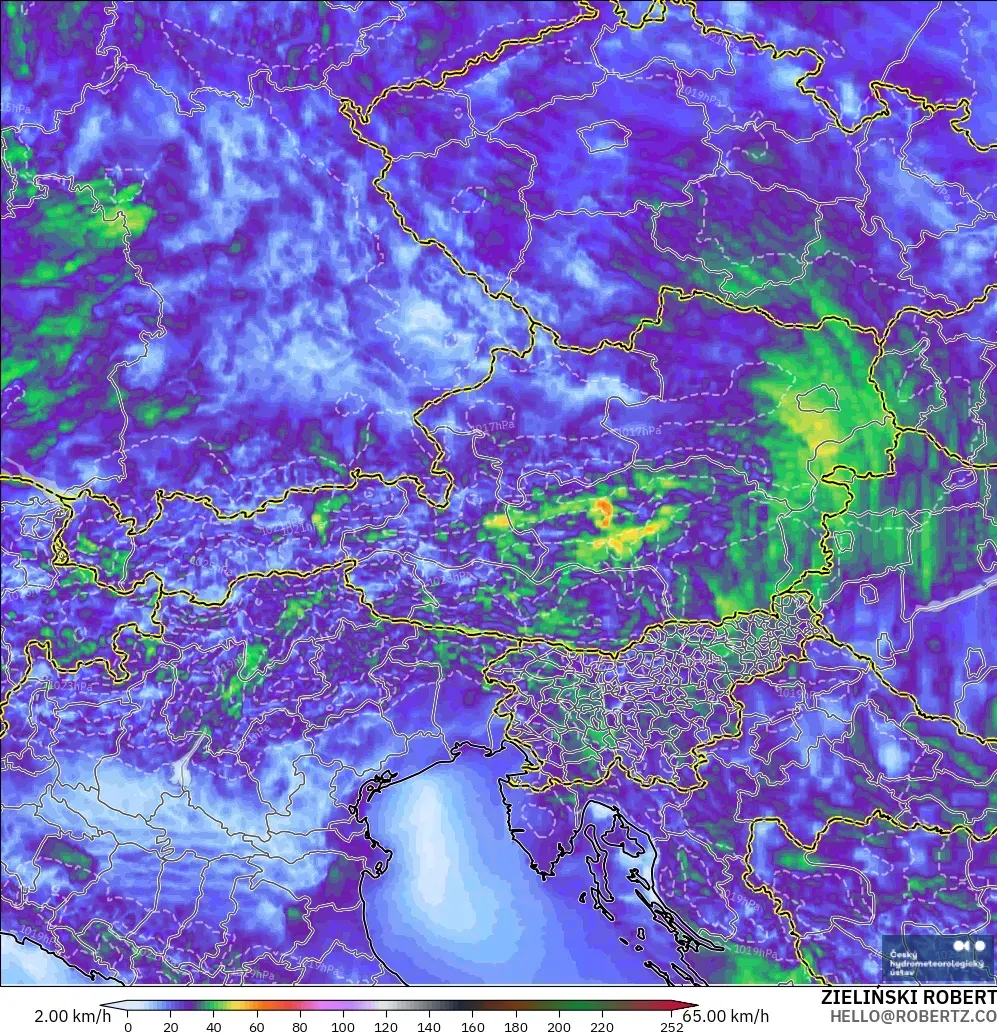 ALADIN CZ 2.3 km model - Austria, Wind Gusts Peak