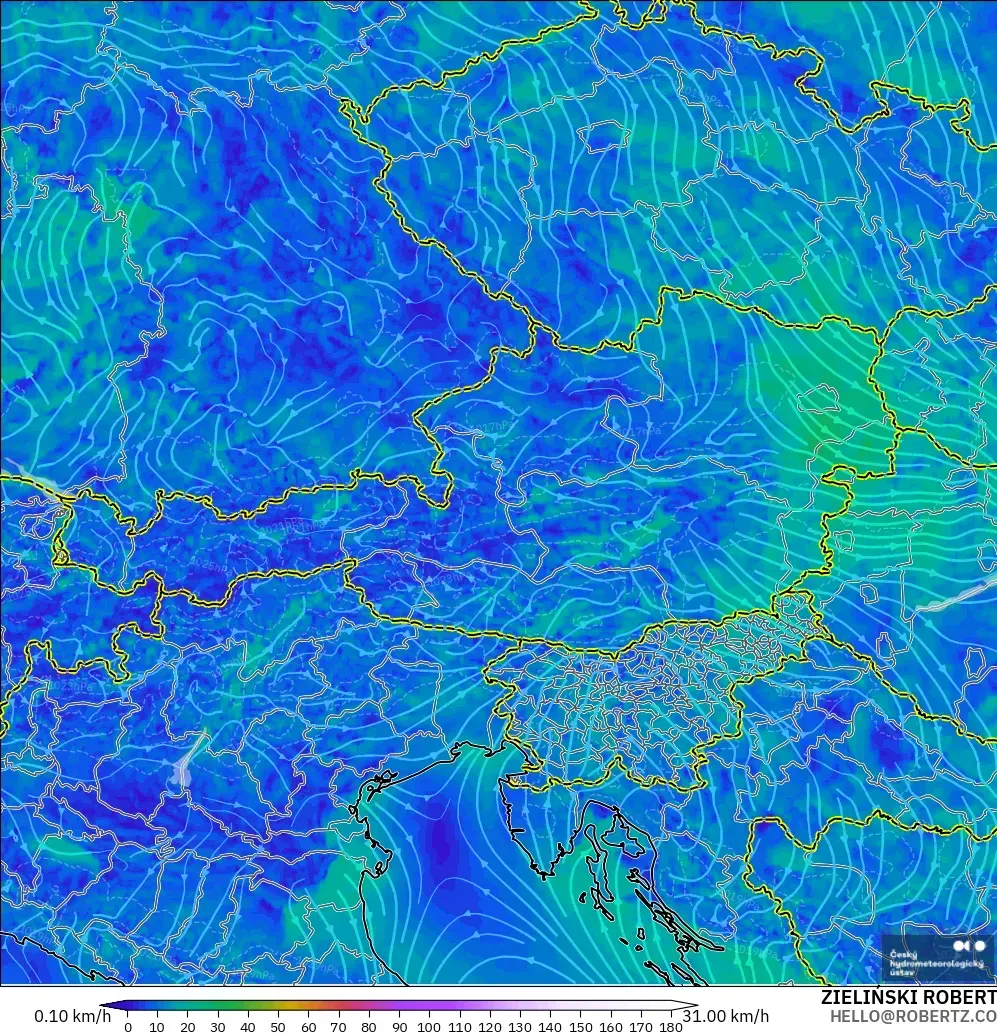 ALADIN CZ 2.3 km model - Austria, Wind at 10m