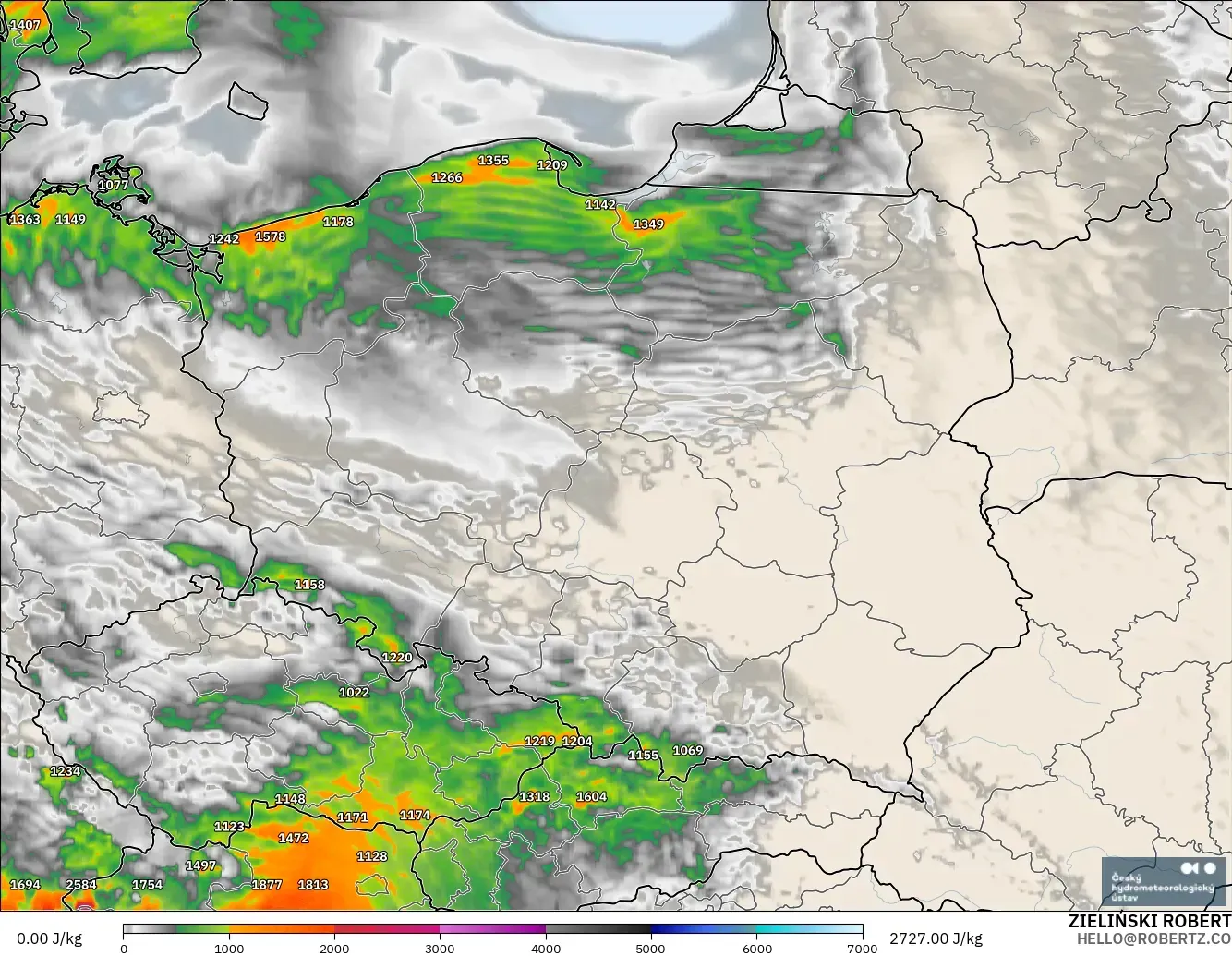 ALADIN CZ 2.3 km model - Poland, CAPE