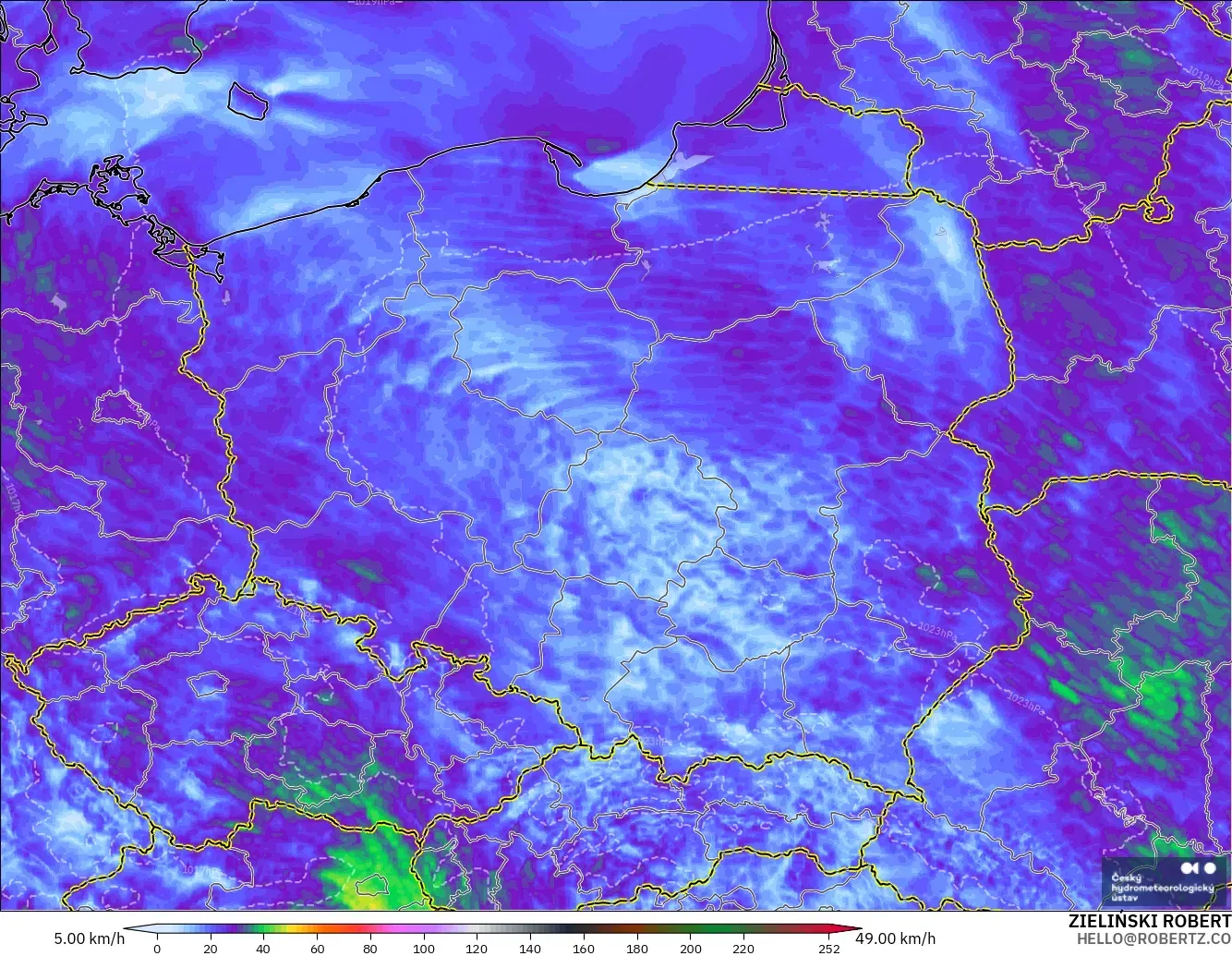 ALADIN CZ 2.3 km model - Poland, Wind Gusts Peak