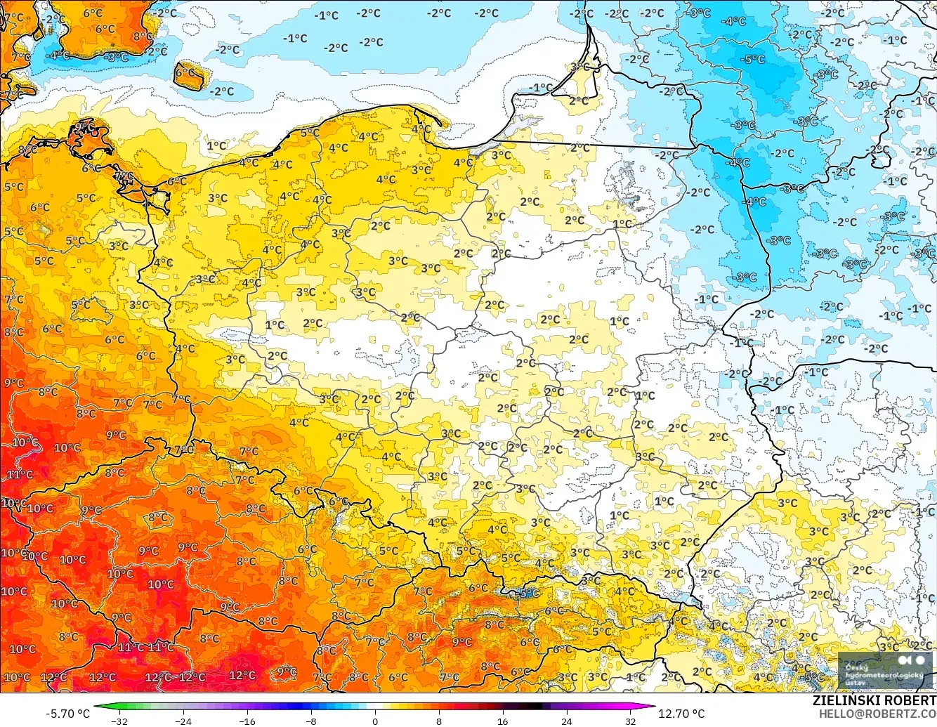 ALADIN CZ 2.3 km model - Poland, Temperature at 2m Anomaly