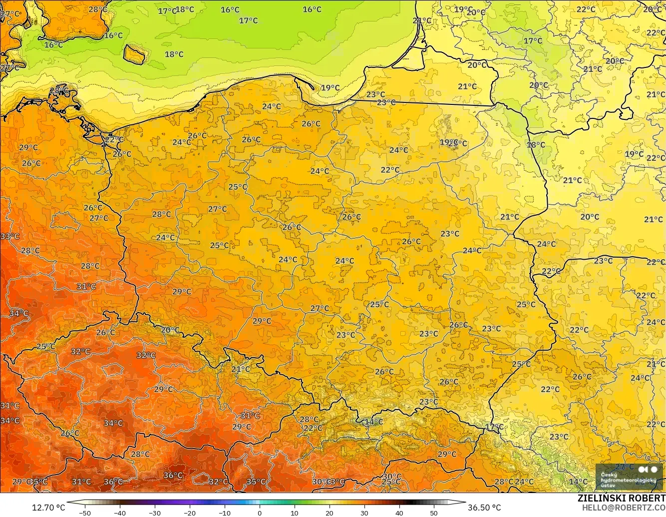 ALADIN CZ 2.3 km model - Poland, Temperature at 2m