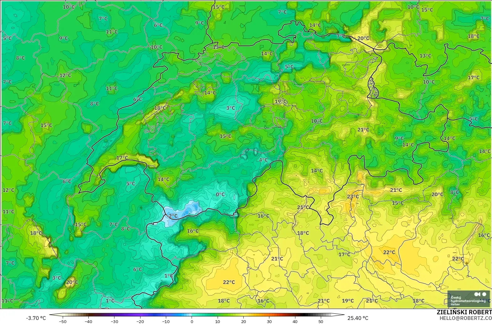 ALADIN CZ 2.3 km model - Switzerland, Dewpoint at 2m