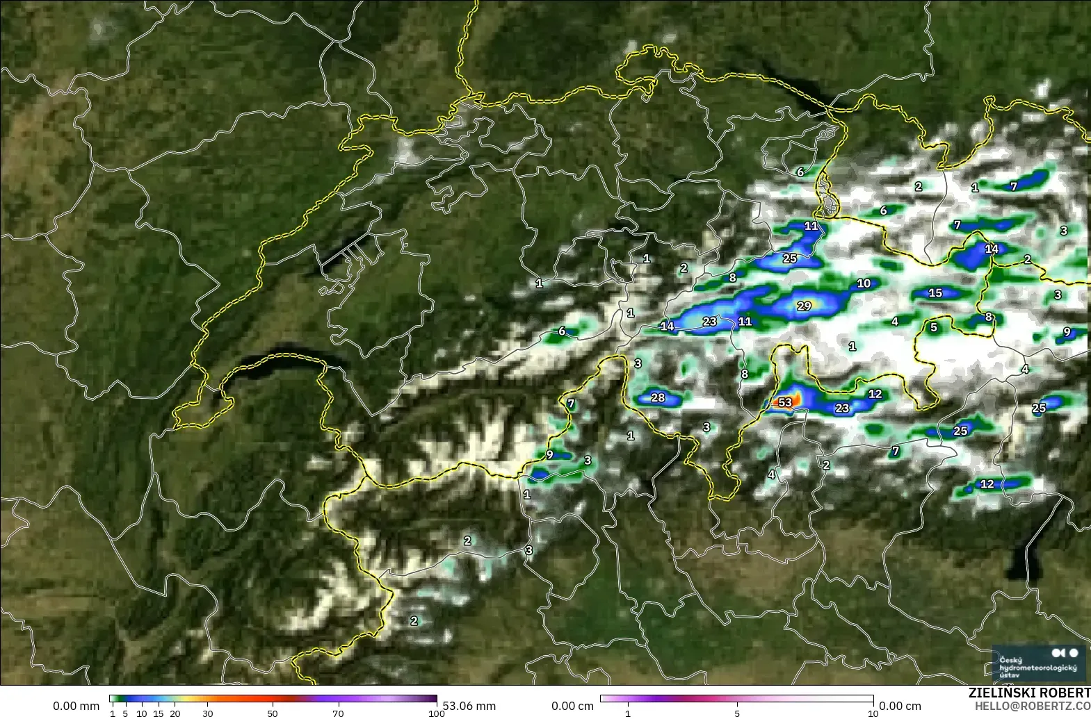 ALADIN CZ 2.3 km model - Switzerland, Precipitation, Clouds, and Pressure