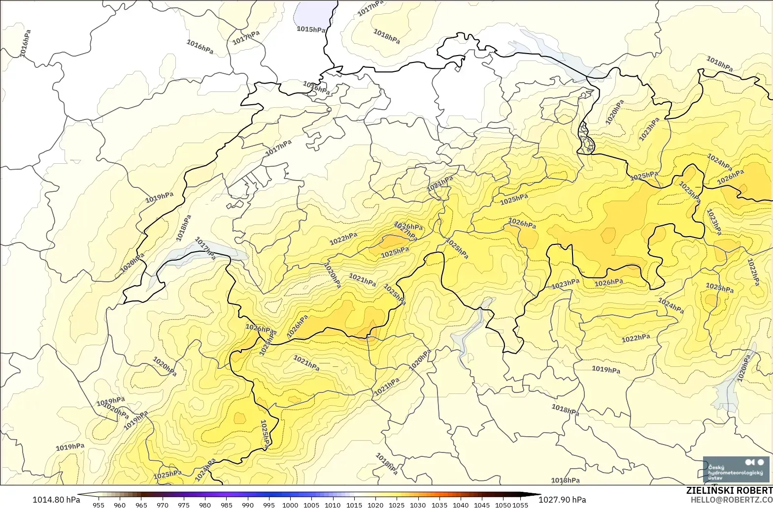 ALADIN CZ 2.3 km model - Switzerland, Pressure