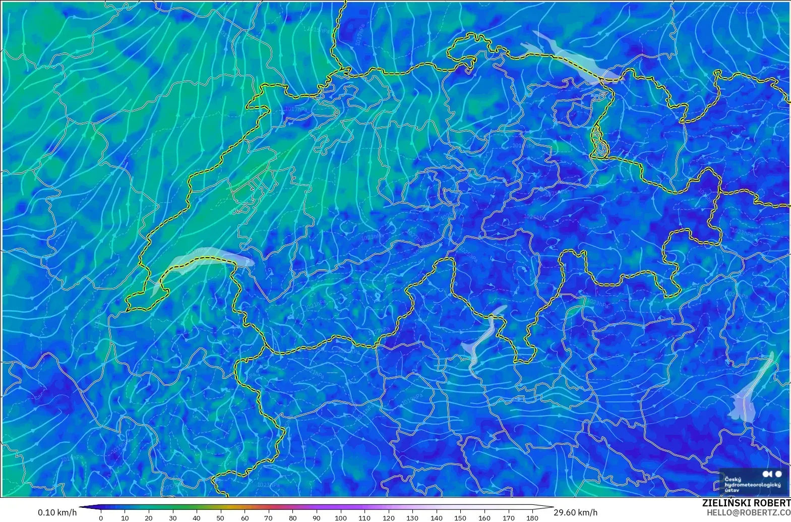 ALADIN CZ 2.3 km model - Switzerland, Wind at 10m