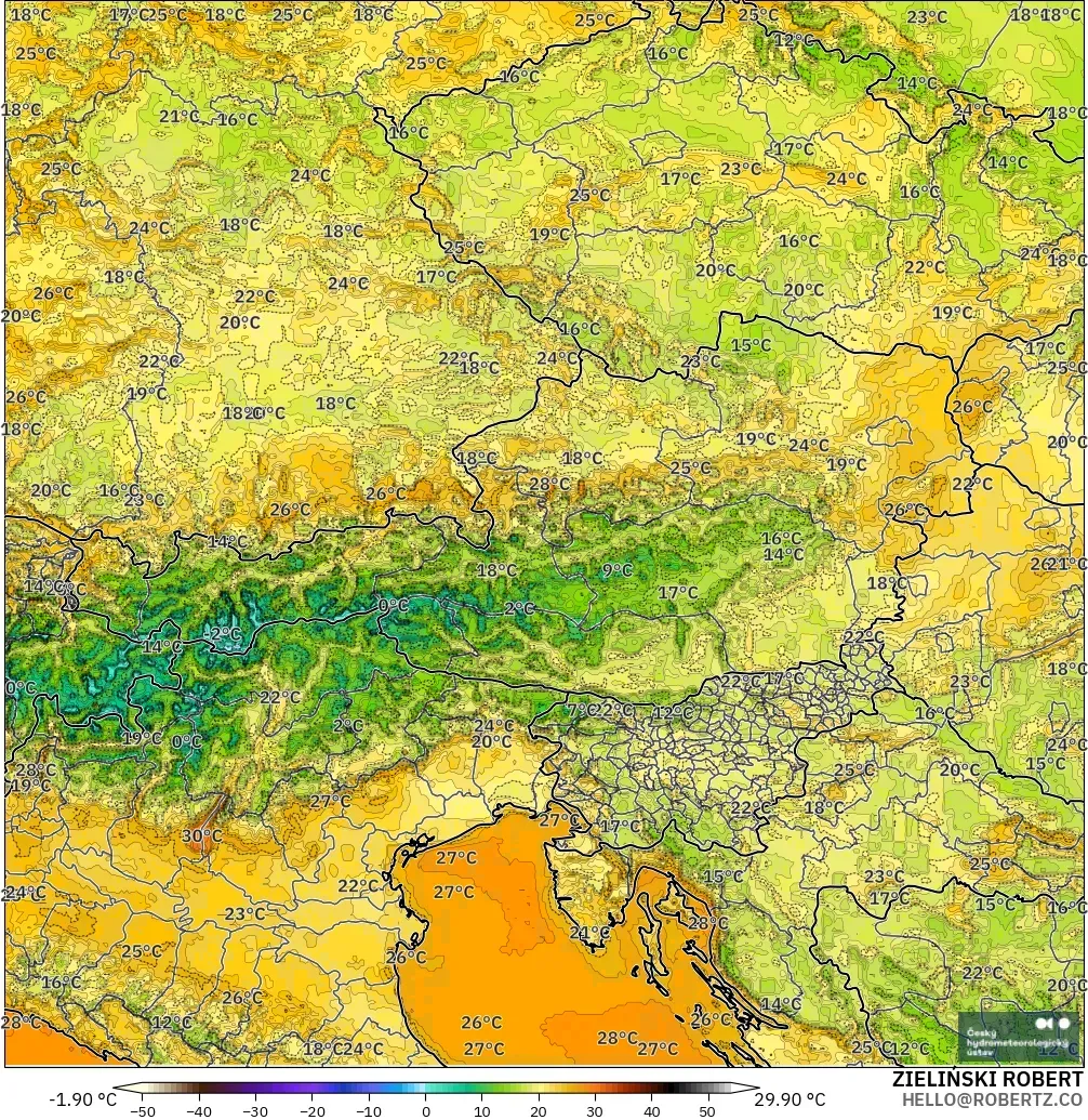 ALADIN CZ 2.3 km model - Austria, Temperature at 2m