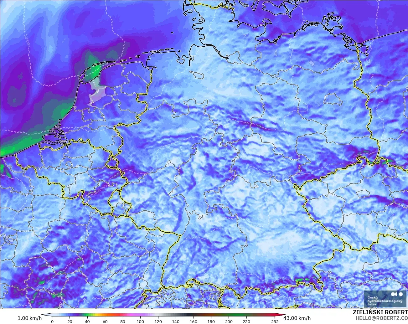 ALADIN CZ 2.3 km model - Germany, Wind Gusts Peak
