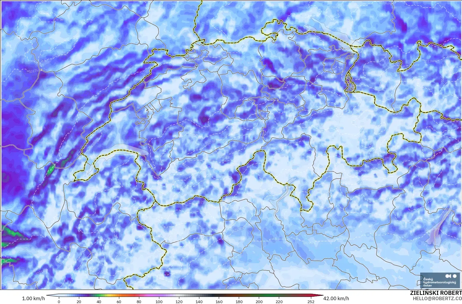 ALADIN CZ 2.3 km model - Switzerland, Wind Gusts Peak