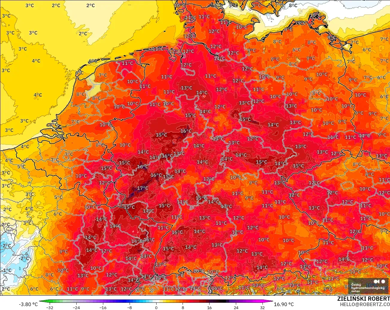 ALADIN CZ 2.3 km model - Germany, Temperature at 2m Anomaly