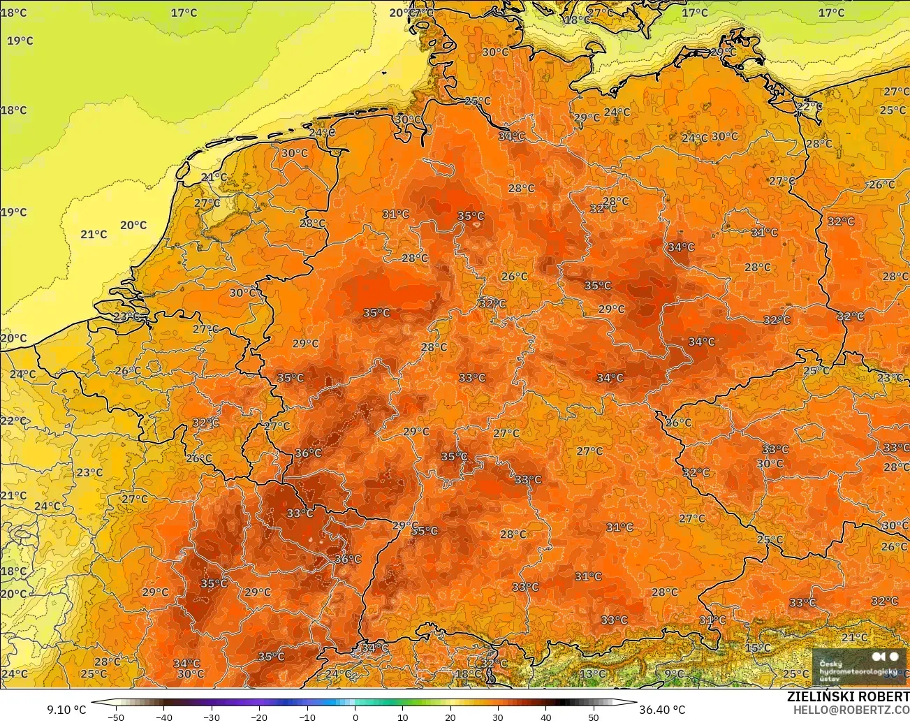 ALADIN CZ 2.3 km model - Germany, Temperature at 2m