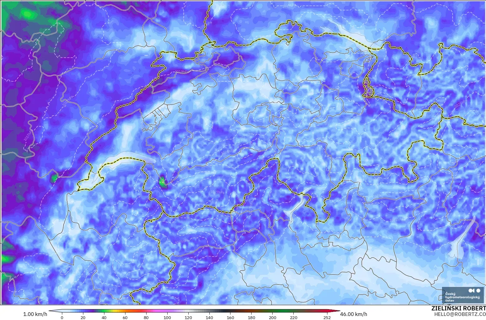 ALADIN CZ 2.3 km model - Switzerland, Wind Gusts Peak