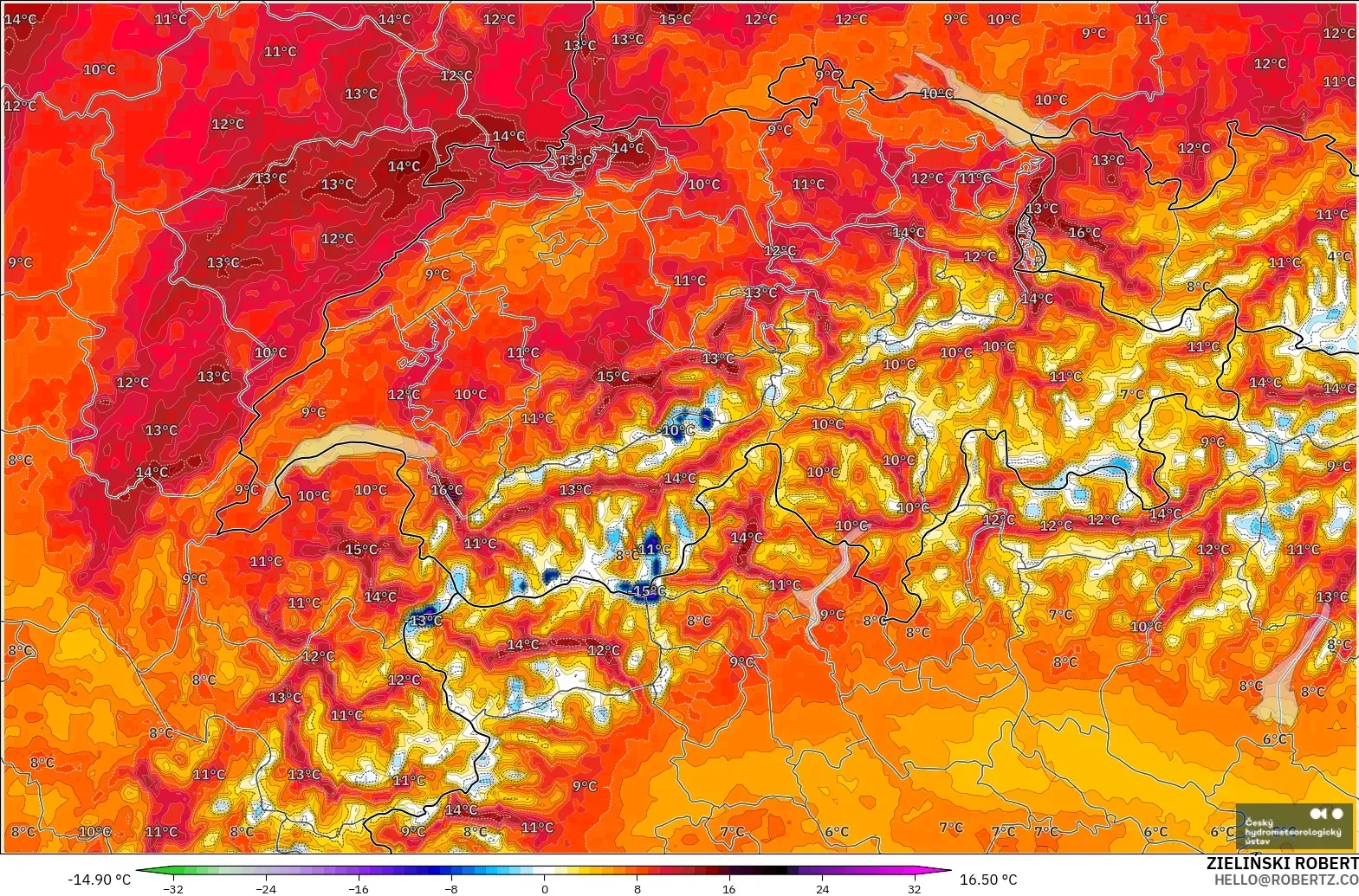 ALADIN CZ 2.3 km model - Switzerland, Temperature at 2m Anomaly