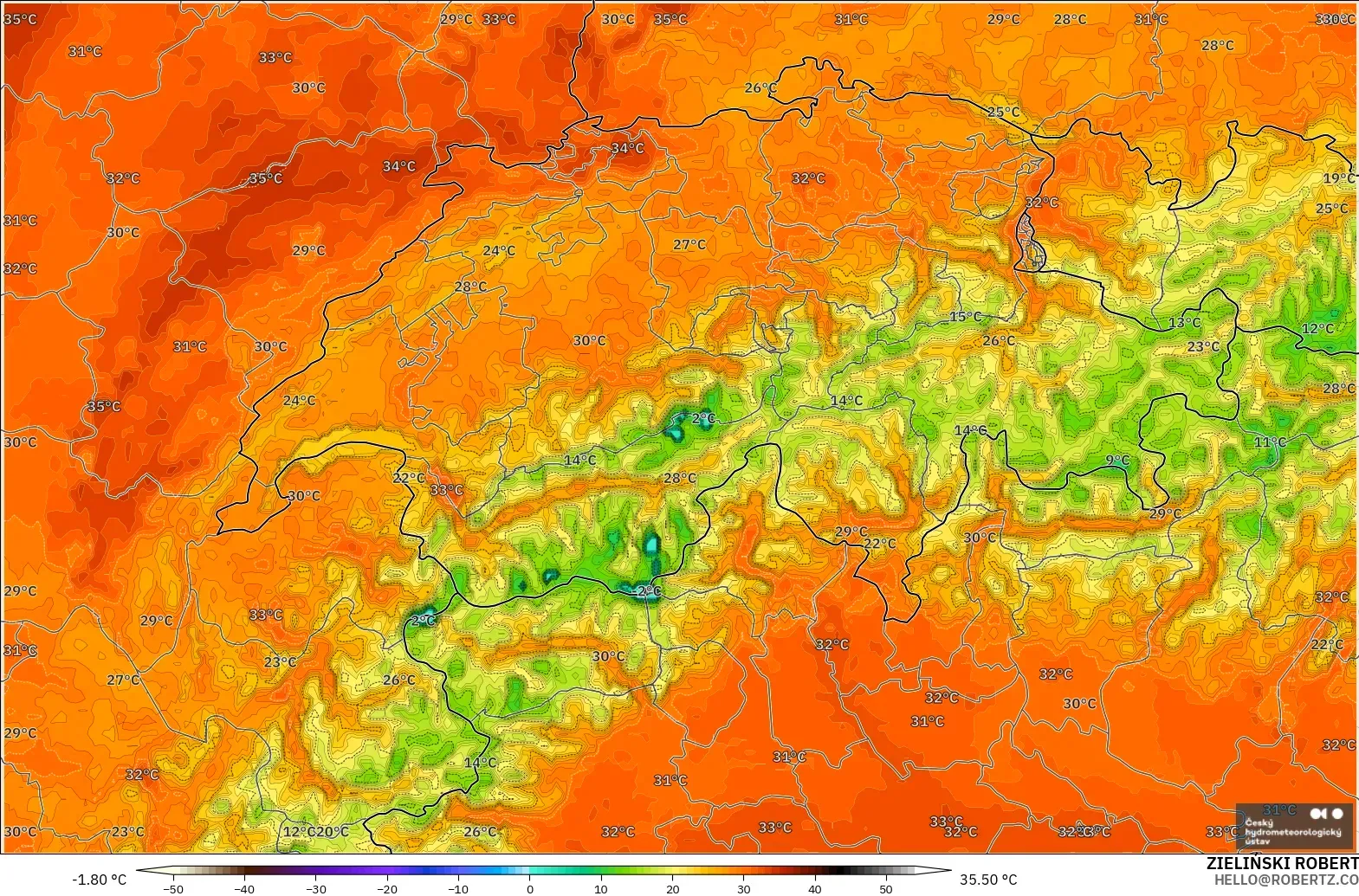 ALADIN CZ 2.3 km model - Switzerland, Temperature at 2m