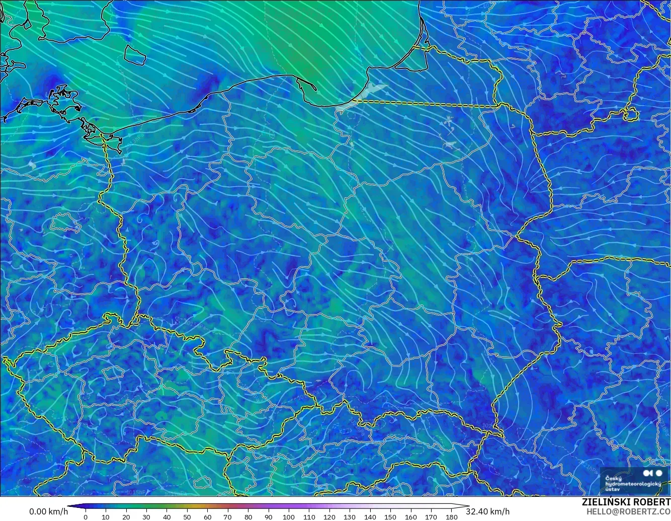 ALADIN CZ 2.3 km model - Poland, Wind at 10m