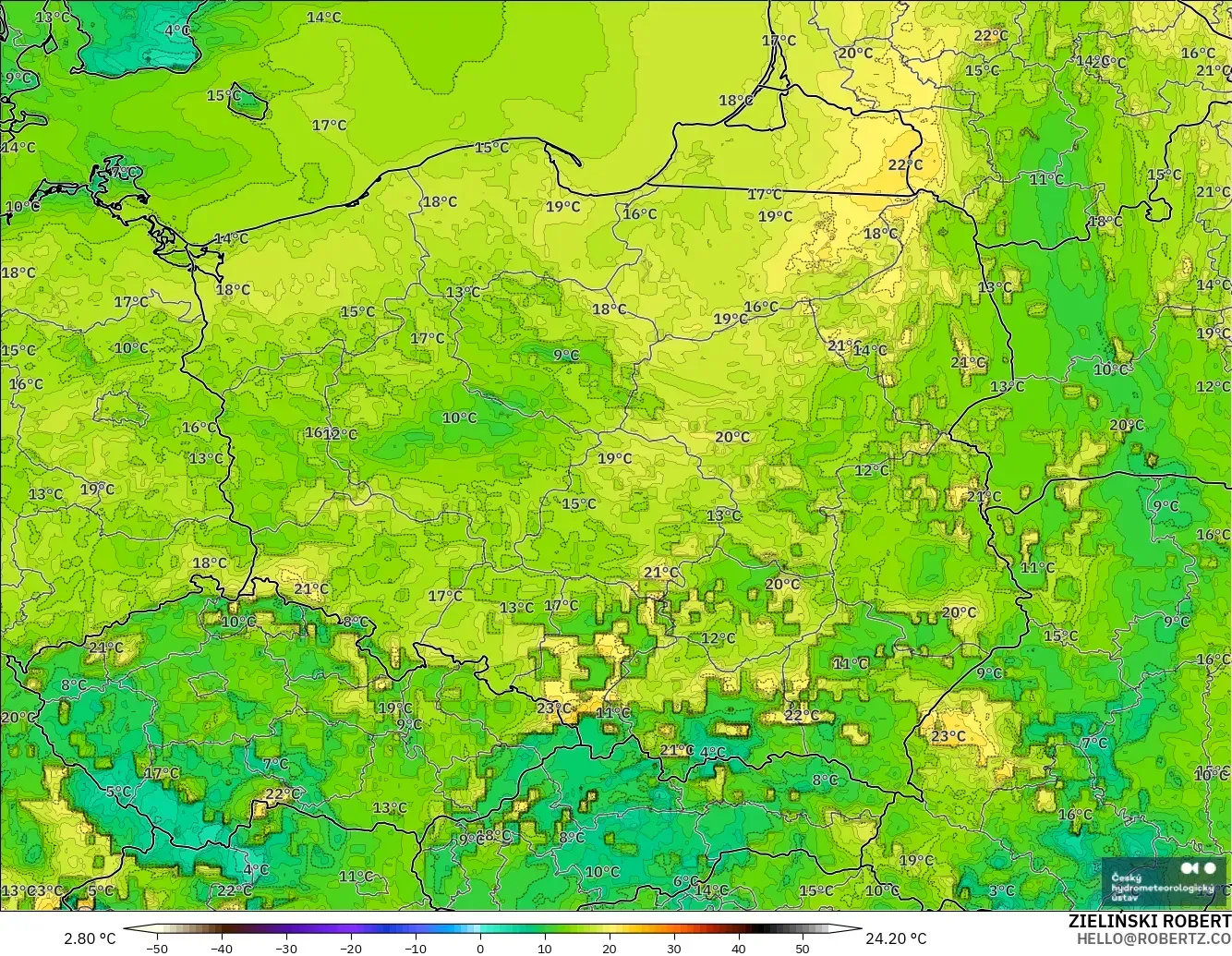 ALADIN CZ 2.3 km model - Poland, Dewpoint at 2m