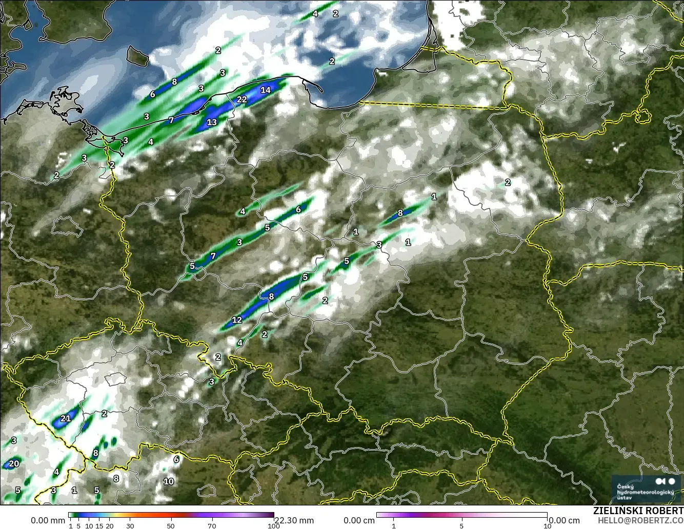 ALADIN CZ 2.3 km model - Poland, Precipitation, Clouds, and Pressure