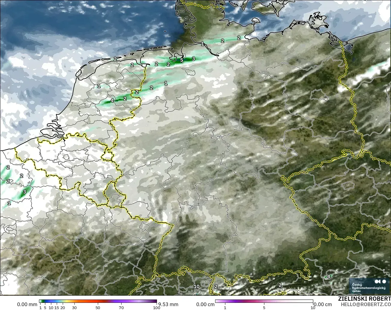 ALADIN CZ 2.3 km model - Germany, Precipitation, Clouds, and Pressure