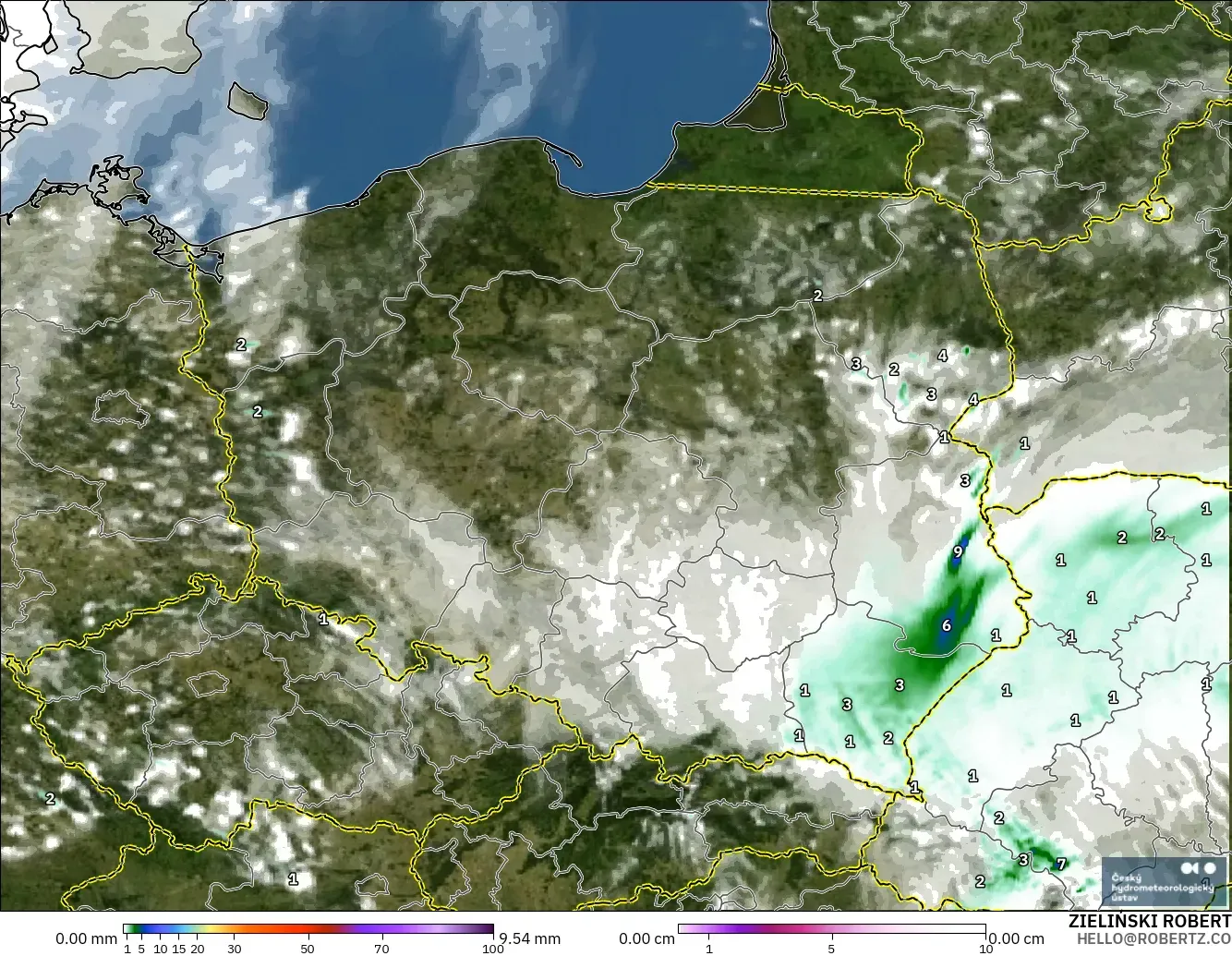 ALADIN CZ 2.3 km model - Poland, Precipitation, Clouds, and Pressure