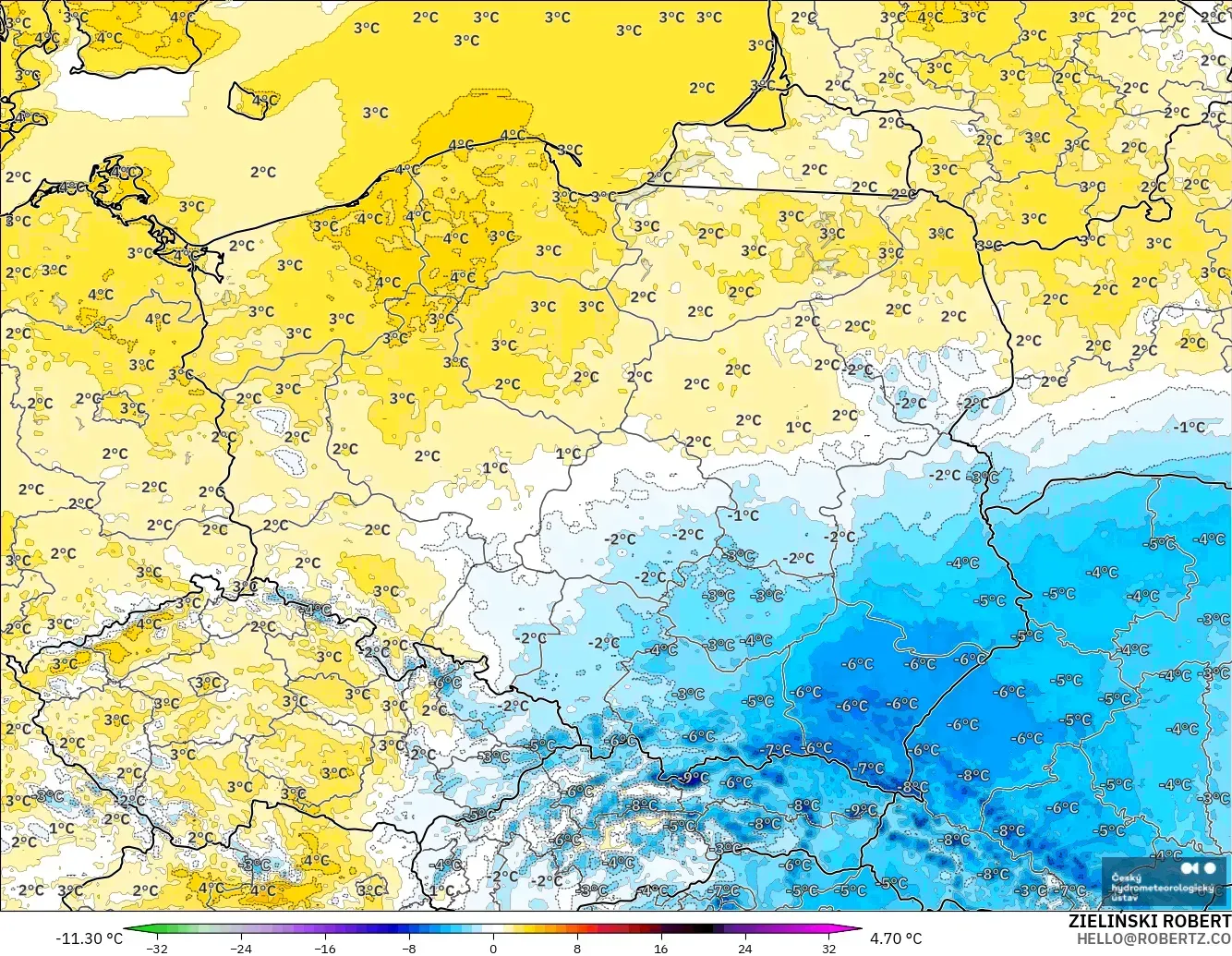 ALADIN CZ 2.3 km model - Poland, Temperature at 2m Anomaly