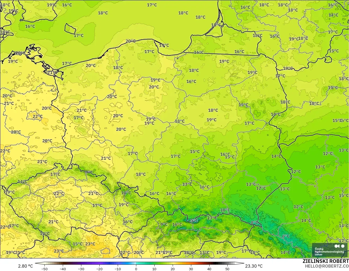 ALADIN CZ 2.3 km model - Poland, Temperature at 2m