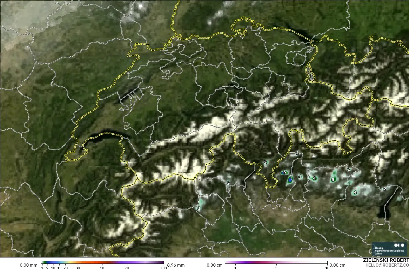 ALADIN CZ 2.3 km model - Switzerland, Precipitation, Clouds, and Pressure