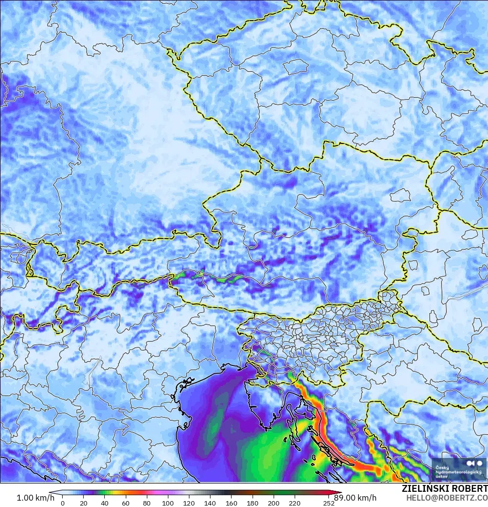 ALADIN CZ 2.3 km model - Austria, Wind Gusts
