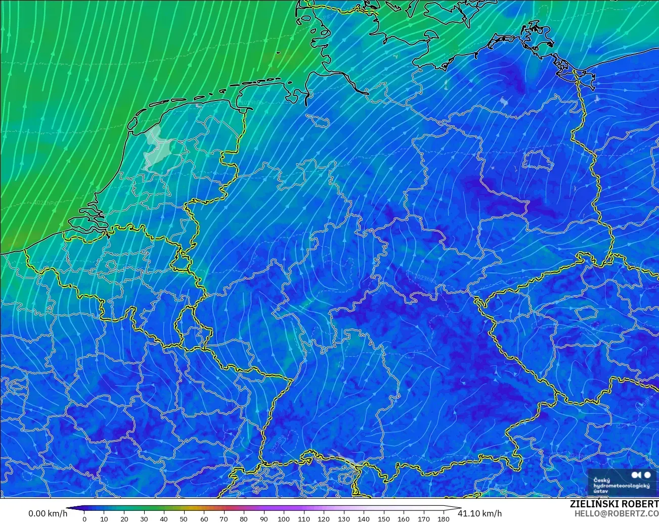 ALADIN CZ 2.3 km model - Germany, Wind at 10m