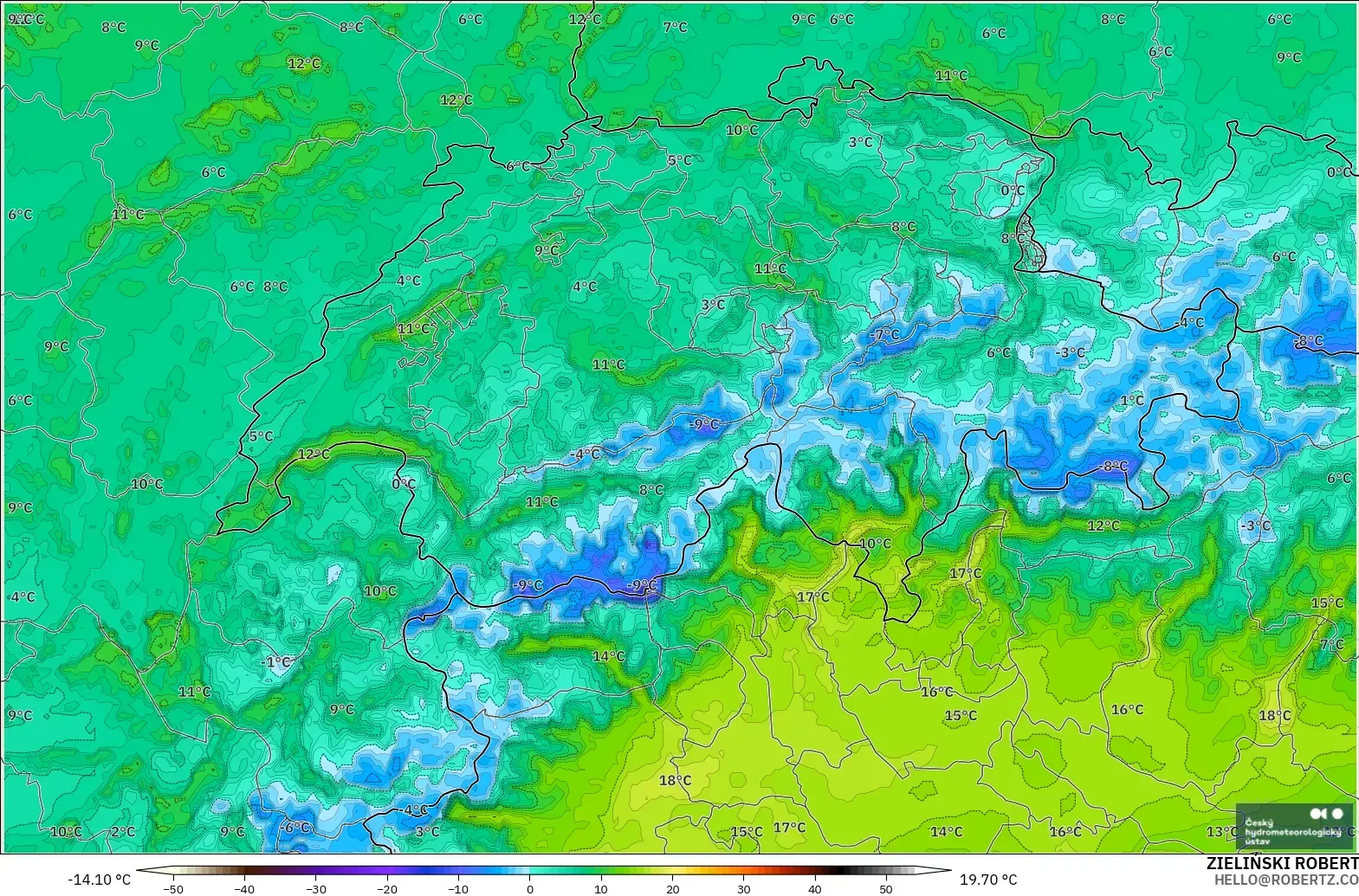 ALADIN CZ 2.3 km model - Switzerland, Dewpoint at 2m